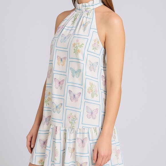 TAYLOR Linen Blend Halter Neck Butterfly Printed Day Mini Dress - Picture 2 of 4